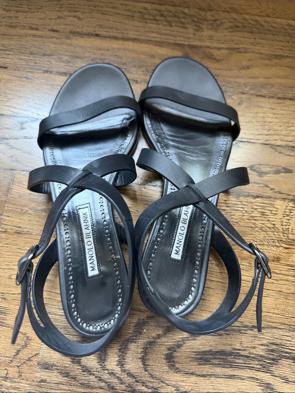 Manolo Blahnik Black Leather Cross-Strap Sandals